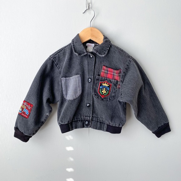 Vintage Buster Brown Patchwork Cropped Black Denim Jacket - Picture 1 of 8